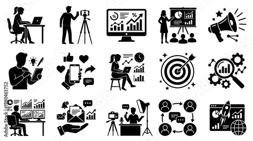 Digital Marketing and Online Business Glyph Icons Set - Technology  Analytics Concepts