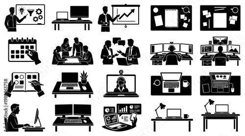 Business  Office Workflow Glyph Icons Set - Remote Work, Team Meeting  Technology Silhouettes