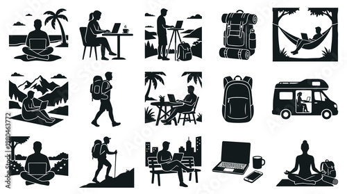 Remote Work  Digital Nomad Lifestyle Glyph Icon Set - People, Laptops, Travel, Outdoors