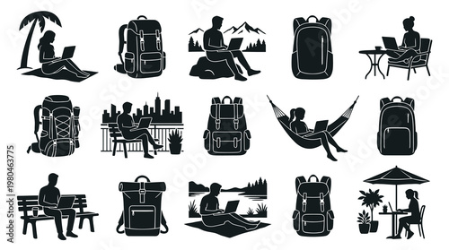Digital Nomad Lifestyle Black Glyphs. Remote Work  Travel Freelance Laptop Icons Set.