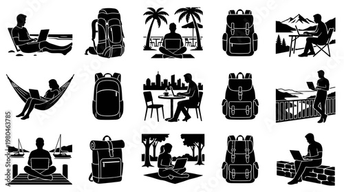 Digital Nomad  Remote Work Vector Icons Set: People with Laptops, Travel Backpacks Silhouettes