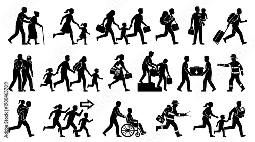 Emergency Response and Humanitarian Aid People Silhouette Icons Set