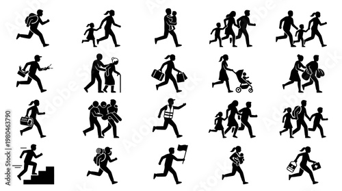 Running People Glyph Icons Set for Emergency, Escape, and Urgent Situations