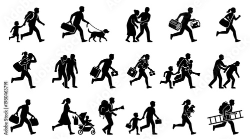 Humanitarian Crisis  Displacement: Running Refugees, Migrants, Evacuation Silhouettes Glyphs