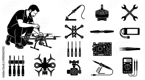 Drone Electronics Repair Tools and Parts Glyph Vector Icons Set
