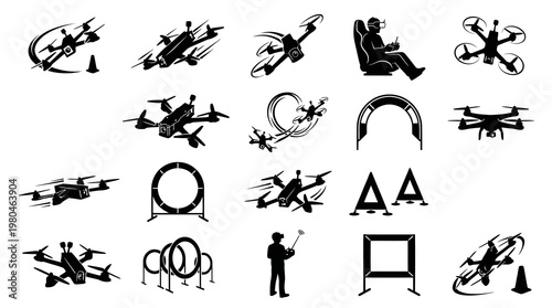 Drone Racing Icons: Quadcopters, Gates, Pilot, Course Elements, Black White