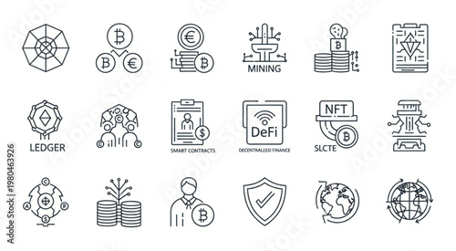 Cryptocurrency and Blockchain Technology Icons Representing Digital Finance and Innovation.