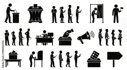 Election Voting Icons: Ballot Box, Booth, Voters, Megaphone, Sign