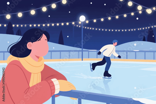 Illustration Of A Woman Watching A Man Ice Skating Vector Design Template