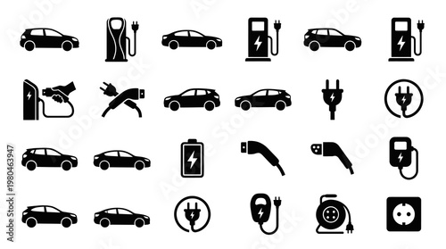 Electric Car Charging Icons - Black  White Glyph Set