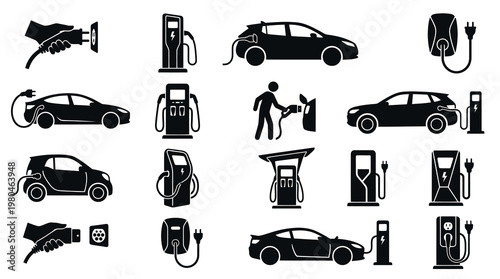 Electric Car Charging Icons: EV Vehicles, Stations, and Plugs, Black and White