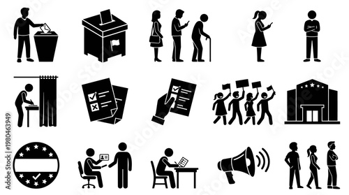 Political Election Voting Process Black and White Glyph Icons Set
