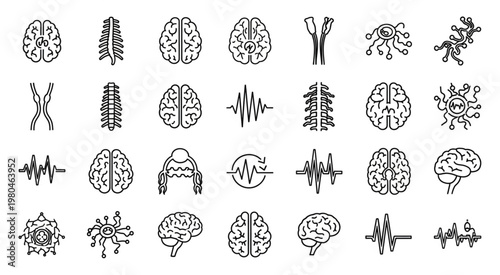 Illustrative collection of brain and neural system icons, representing cognitive functions and medical concepts.