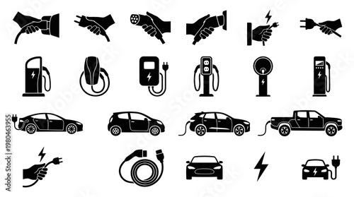 Electric Vehicle Charging and Car Icons: Automotive Energy Technology Glyphs Set