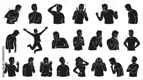 Human Emotions Vector Silhouette Set: Diverse People Expressing Feelings with Gestures and Body Language