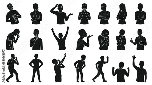 Black and White Silhouettes of People Expressing Emotions and Gestures