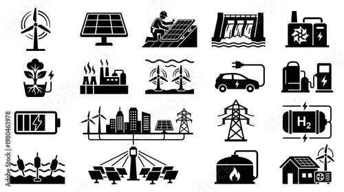 Renewable Energy Icons: Wind, Solar, Hydro, Battery, EV, Hydrogen, Biomass