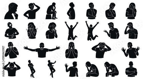 Black  White Glyph Icons of People Expressing Emotions and Gestures