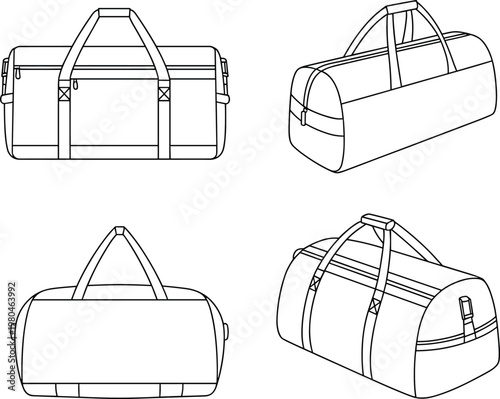 Flat vector duffel bag illustration set, fashion accessory design variations sketch