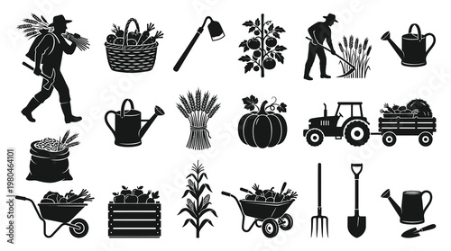 Agriculture and Farming Glyph Icons Set: Harvest, Gardening Tools, and Crops Silhouettes