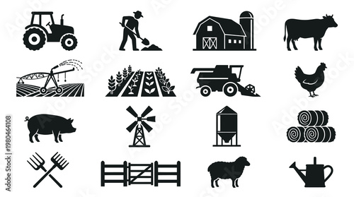 Farm Icons: Black  White Glyphs of Agricultural Tools, Animals  Buildings