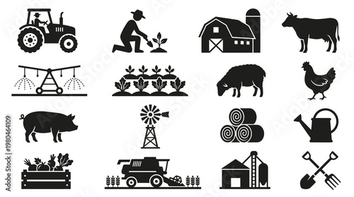 Farming and Agriculture Glyph Icons Set: Farm Animals, Equipment, and Rural Life Elements