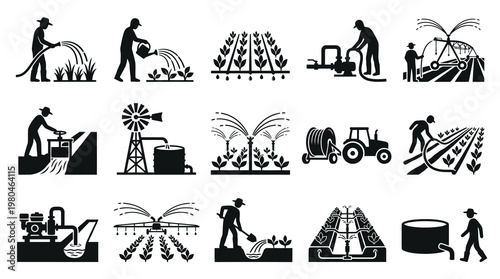 Agriculture Irrigation Glyph Icons Set. Farming Water Supply, Crop Watering Silhouettes.