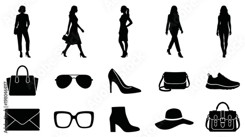 Fashion Women Silhouettes and Accessories Glyph Icons Set for Apparel and Retail Design