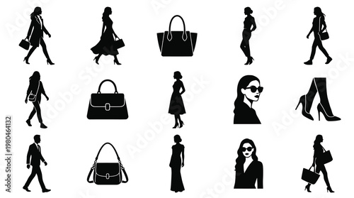 Fashion Shopping Lifestyle People  Handbags Black Glyph Silhouettes Icon Set