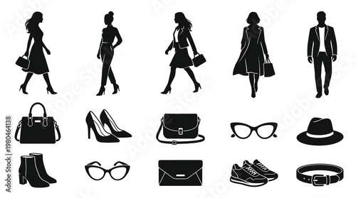 Fashion Style People  Accessories Silhouettes Vector Icons Set for Apparel and Shopping