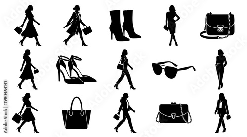 Stylish Women Fashion and Accessory Silhouette Vector Icons Set