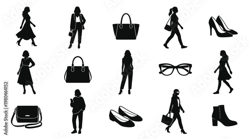 Women's Fashion and Accessories Black Silhouette Icons Set - Lifestyle  Shopping