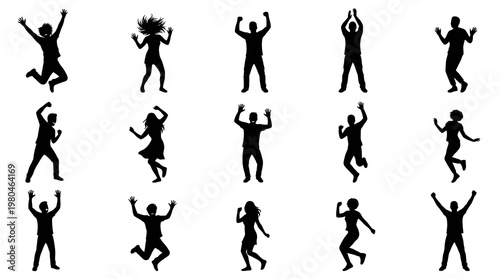 Celebration Concepts: Happy Jumping and Dancing People Silhouettes Vector Art Set