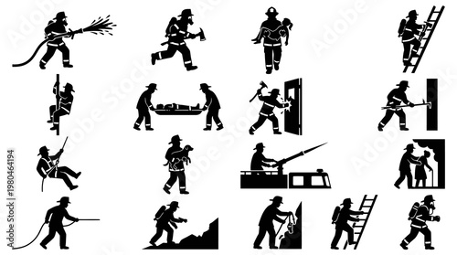 Firefighting Emergency Services Vector Silhouettes: Firefighter Rescue  Protection Glyphs Set