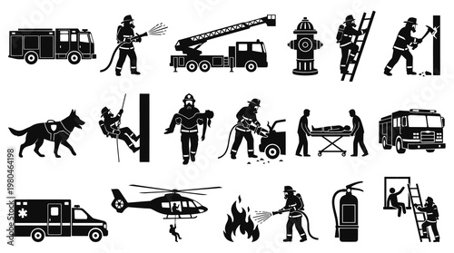 Firefighting and Emergency Rescue Black  White Glyph Icons Set