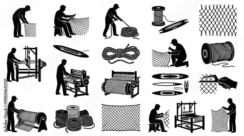 Black and White Icons of Net Making, Fishing Nets, Rope, Loom, Shuttle