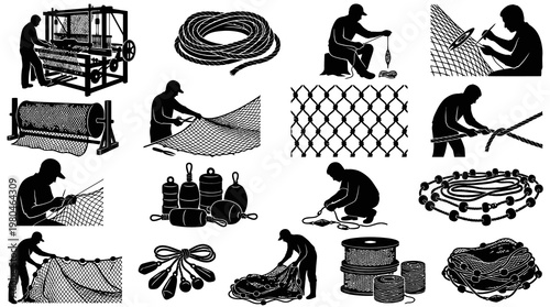 Black and White Illustrations of Fishing Nets and Ropes