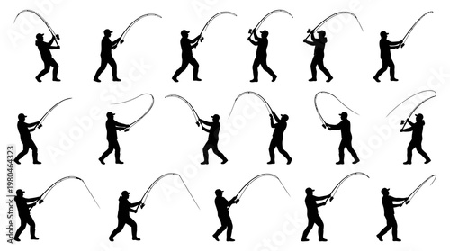 Silhouette Collection of Fly Fishing Poses, Black and White Vector