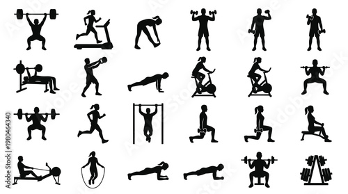 Fitness Gym Workout People Silhouettes Black Vector Icons Set