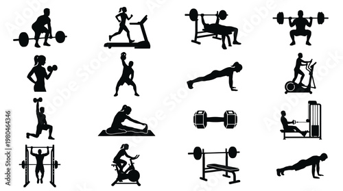 Fitness Icons Set: Black  White Silhouette Vector Graphics for Health and Exercise