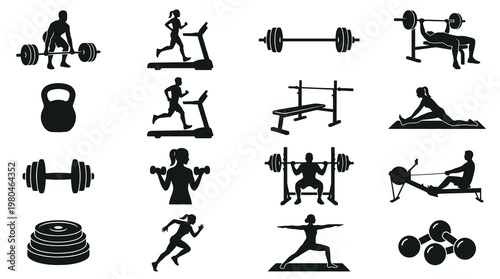Gym  Fitness Silhouette Icons: Weightlifting, Cardio, Yoga, and More