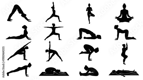 Diverse Yoga Poses Silhouettes Black and White Vector Art