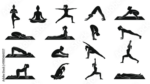 Black  White Yoga Poses Silhouettes, Health  Wellness Vector Art