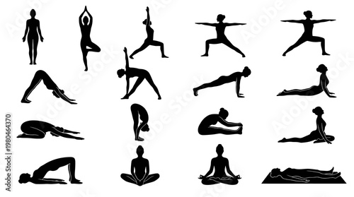 Silhouette Yoga Poses Collection Vector, Black  White Glyph Art