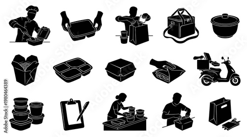 Food Delivery Service Icons: Chef, Packaging, Cooler Bag, Scooter, Containers