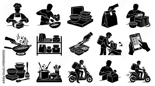 Food Delivery Service Icons: Cooking, Packaging, Delivery by Scooter, Smartphone