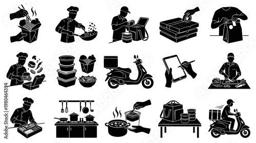 Food Delivery Icons: Chefs, Scooters, Packaging, Kitchen, Technology Glyph