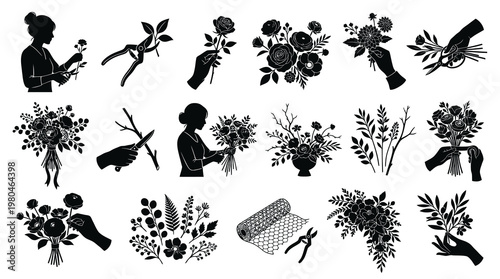 Floristry Silhouette Icons Set: Floral Design, Flower Arranging Tools  Bouquets Vector Art