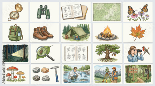 Camping and outdoor adventure icons with tent, backpack, boots, map, fire, and nature elements. Flat vector set for hiking, travel, and wilderness exploration themes.