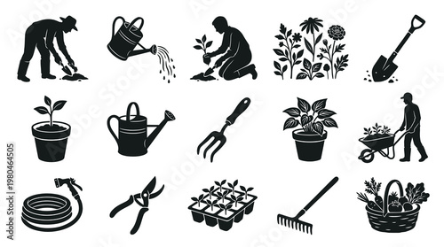 Black  White Glyph Icons of Gardening Tools, Plants, and People